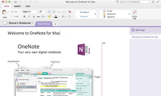 onenote for mac tabs across top